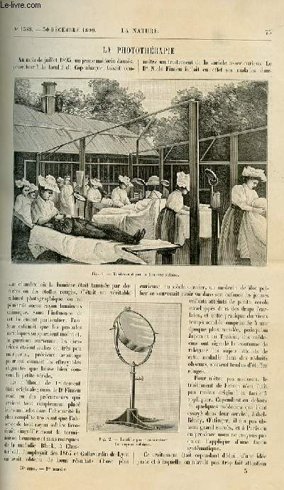 La nature n 1388 - La photothrapie par cartaz. L'animal mystrieux de la Patagonie avec gravures dans el texte. La Lune et la coupe des arbres par De Parville. L'exposition de 1900 - La porte monumentale avec gravures dans le texte (construction