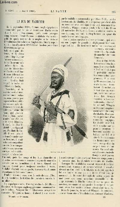 La nature n 1397 - La fin du madhisme. Le srum anti-alcoolique par De Parville. Cidre par conglation. Le vlo brancard avec grvaures dans le texte. Vue d'ensemble sur l'exposition de 1900 - Le champ de Mars avec plan dans le texte. Le destroyer anglais