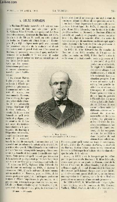 La nature n 1405 - A. Milne Edwards avec portrait dans le texte. Flore murale des glises gothiques par Hariot. Priodicit de nos conqutes coloniales par le lieutenant colonel Delauney. Turbine  ptrle. Distributeur de timbres-poste et de cartes