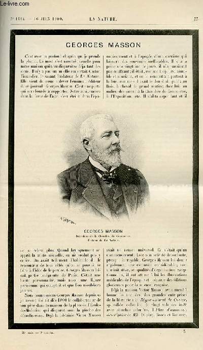 La nature n 1412 - Georges Masson (annocne de sa mort) avec portrait dans le texte. L'assainissement de la Seine par Georges Cave avec gravures dans le texte. Les mollusques voyageurs par H. de Varigny. Conditionnement et essais des soies et matires