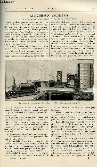 La nature n 1416 - L'enregistrement microphonique de la marche des chronomtres et des pendules astronomiques par A. Berget. Sur les plantes tlscopiques par Gall. L'exposition minire souterraine au Trocadro avec gravures dnas le texte. Les concours