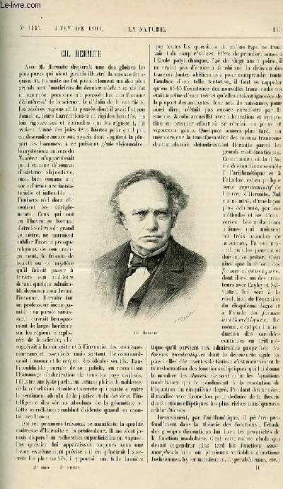 La nature n 1445 - Ch Hermite par P. Painlev - Une Transmission d'nergie lectrique a 250 kilomtres par D.B - Un Progrs en Chronmtrie - Emaillage mcanique de la fonte par G. Caye - Les lments Magntiques au commencement du siecle - Le Squelette