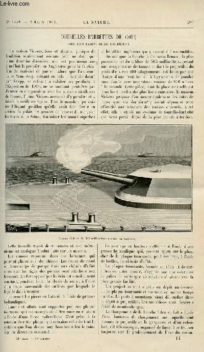 La nature n 1449 - Tourelles Barbettes de Cote pour deux canons de 305 millimtres - Manoeuvre lctrique des signaux et des aiguilles de chemins de fer - par P.L. - L'industrie du verre d'Optique par G. Guroult - L'acide Carbonique Liquide