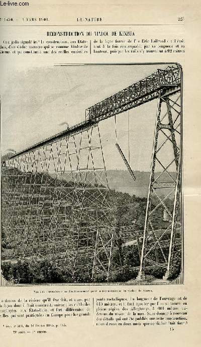 La nature n 1450 - Reconstruction du Viaduc de Kinzua par P. de Mriel - La baousse del Biel - par E.A Martel - L'avalanche par J Corcelle - Hygromtres Lambrecht par H de Parville - La Traction lctrique et les chemins de fer par J de Traz - Un Chemin