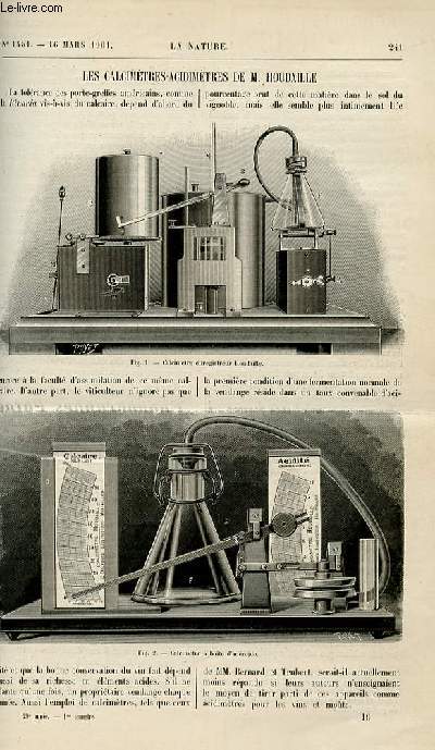 La nature n 1451 - Les Calcimtres acidimtres de M. Houdaille par A. de Saporta - Salon de L'automobile III par L.H - Pluies et Taches Solaires - La Mdaille Franaise simples notes d'un amateur - par Al de Rochas - La Longueur d'onde des rayons x