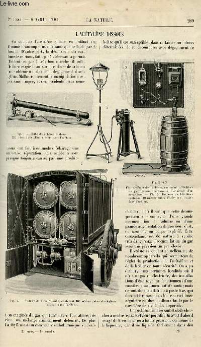 La nature n 1454 - L'actylne dissous - le sel et les animaux sauvages - tlgraphie sans fil - l'clairage par les microbes - le glissement du Furcil - bouches--feu de cte de St Chamond - la trombidiose - le tlautographe - les petits chevaux