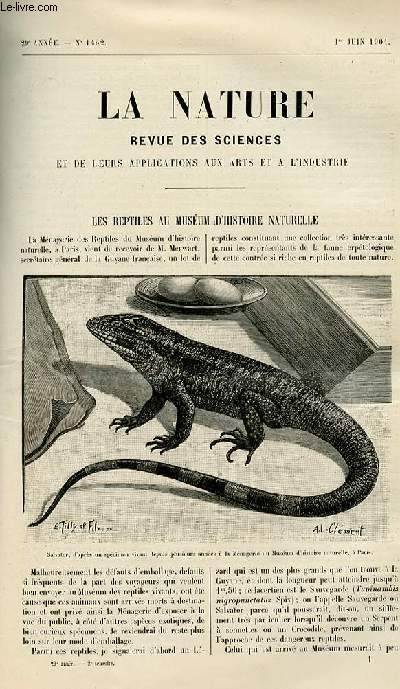 La nature n 1462 - Les reptiles au musum d'histoire naturelle - un ennemi du caf du Ropnilon - la musicothrapie applique  l'anesthsie provoque - procds d'puration domestique des eaux de boisson - l'origine de l'instinct du coucou