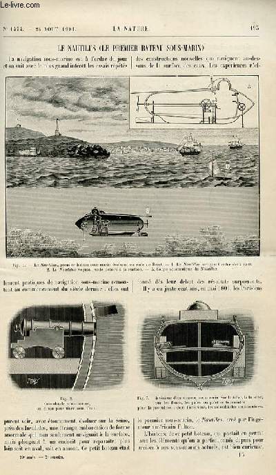 La nature n 1474 - Le Nautilus (le 1er bateau sous-marin) - lampe a incandescence Nernst - un acarien omnivore - la station centrale lectrique d'Issy les Moulineaux - nouveaux reptiles au musum - le plastoscope - une colonie d'abeilles au jardin