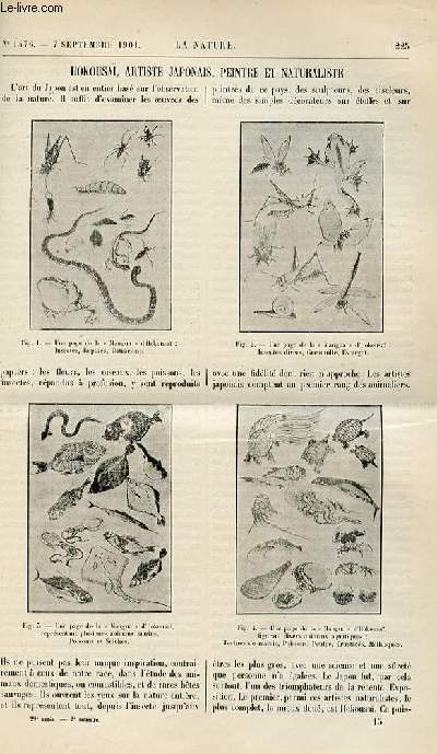 La nature n 1476 - Hokousa, artiste Japonais, peintre et naturaliste par Louis Roule - Pompe A Alcool - Le Muse archologique de Vich par E.A Martel - Sur la respiration Chlorophylliienne des Spirogyra par N. Grhant - Pluie de Fourmis - Mdecine Arabe