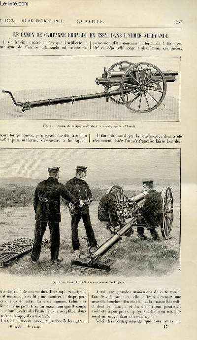 La nature n 1478 - Le Canon de Campagne Ehrardt en essai dans l'arme Allemande par Delauney - La Tlgraphie sans fil - par J. Laffargue - Le Centenaire du Gaz par T. Obalski - Automobile de Boulangerie militairepar Delaunay - L'euphorimtrie