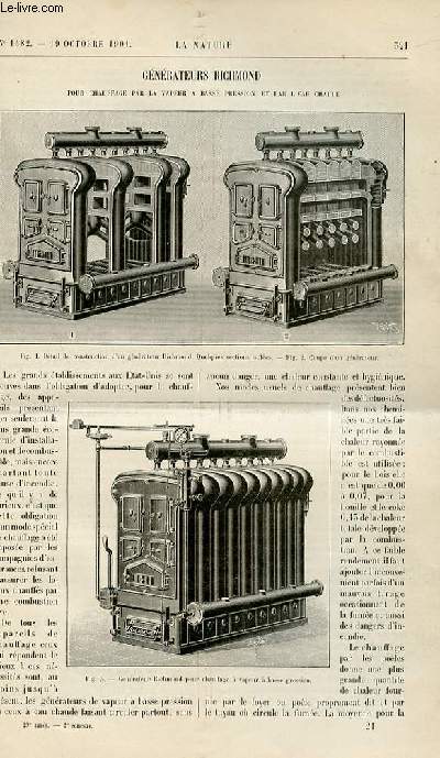 La nature n 1482 - Gnrateur Richmond par T. Obalski - Le Problme Gographique par E.A. Martel - Embarquement Mcanique par A. de Cunha - Les Poissons Russes - Sparateur de Gaz - Les Portes Montres par M. Planchon - Le Champignon des Maisons