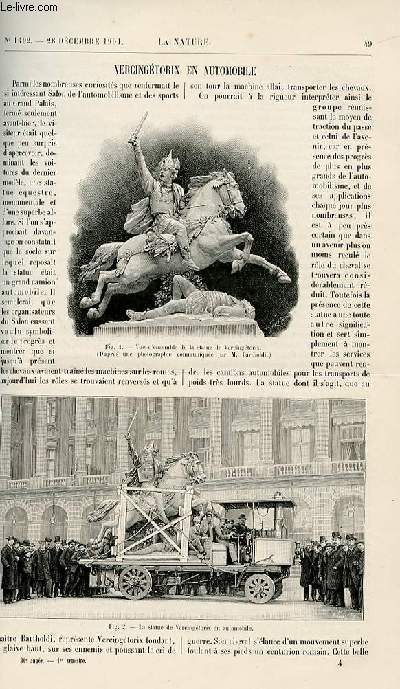 La nature n 1492 - Vercingtorix en automobile par Georges Cave. Le controle des courses de pigeons voyageurs avec gravures dans le texte. La manutention mcanique de la coke dans les usines de la Compagnie Parisienne du Gaz avec gravures dans le texte