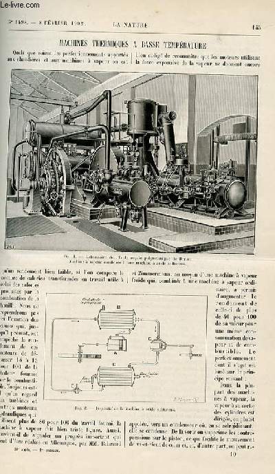 La nature n 1498 - Machines thermiques  basse temprature avec gravure dans le texte. Coupole pour obusier avec gravures dans le texte. Fabrication des timbres-poste illustr de gravures dans le texte (atelier de perforage des timbres, ateliers