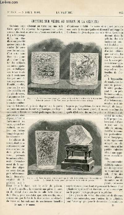 La nature n 1506 - Gravure sur verre au moyen de la gltine - botanique et croyances -poudre sans fume - les forces motrices du Rhone - le patinage militaire -l'avenir du bois en France et dans le monde - tramways d'excursions nocturnes - manutention