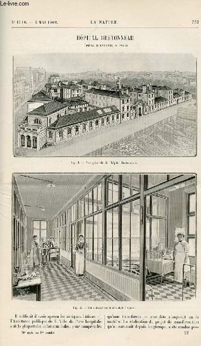 La nature n 1510 - Hpital bretonneau - hpital d'enfants  Paris avec gravures dans le texte (salle d'isolement des diphtriques, vue gnrale des batiments). Cne de circulation pour chaudires  vapeur par P. de M. Les canons jumeaux avec gravures