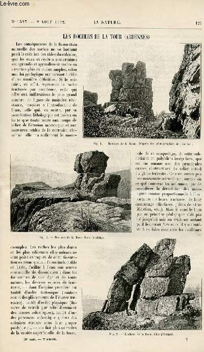 La nature n 1523 - Les rochers de la Tour, du phnomne de l'eau-morte dans les auteurs de l'Antiquit, effets bizarres de la photographie: leur correction par le stroscope, les dcharges atmosphriques, les mines de nickel du Canada, nouveau