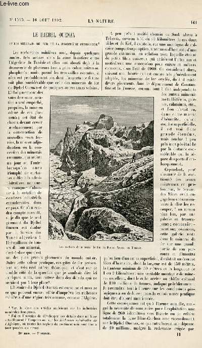 La nature n 1525 - Le djebel Ouenza et les minerais de fer de la frontire tunisienne avec gravure dans le texte. Phares  actylne pour automobiles avec grvaures dans le texte de pahres (Jupiter, Ducellier,Blriot,OUvrard). Le combustible liquide