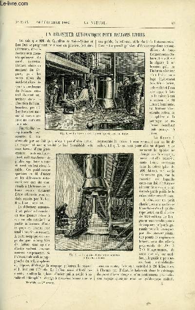 La nature n 1543 - Un delesteur automatique pour Ballon libre par L.D - Le Tennis Arm - La Ligne 2 du Chemin de Fer Mtropolitain par C. Durand - Alumino- Thermie - Les Mgalithes des dunes comme repres de chronologie prhistorique par M. B - Les Mines