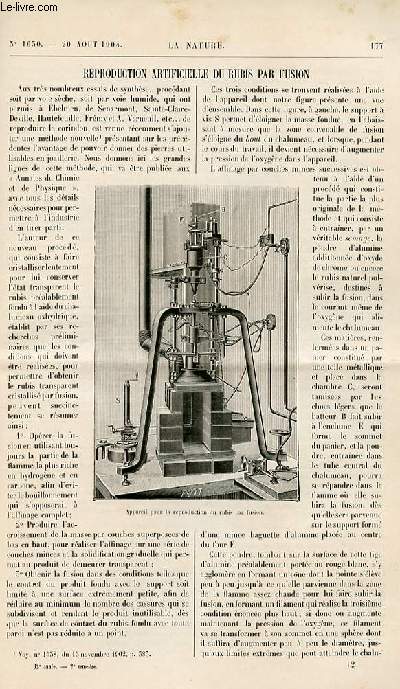 La nature n 1630 - Reproduction artificielle du rubis par fusion par A.V - Radioactivit du Gaz Naturel par R. B - Un Progrs dans l'clairage jaune - Effets des explosions de dynamite a distance - par L. Thomas - Le Jus de Citron Comme Anthiseptique