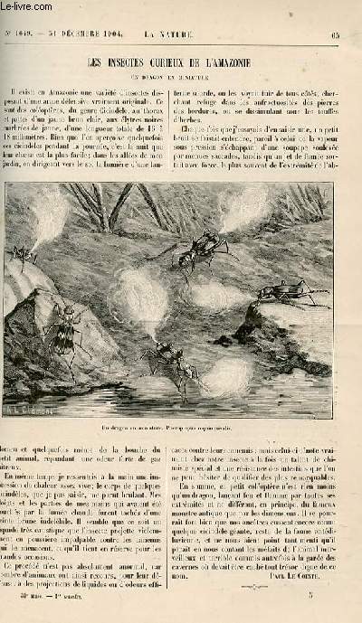 La nature n 1649 - Les Insectes Curieux de L'Amazonie un Dragon en Miniature par P de Cointe - La Physique des corps solides d'aprs les ides actuelles par Ch Ed Guillaume - L'observatoire Fabra par Lucient Libert - Le Salon de L'automobile par Lo