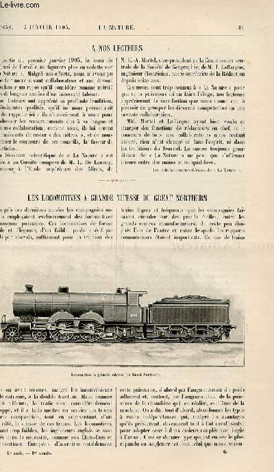 La nature n 1650 - A nos lecteurs - Les Locomotives a grande vitesse du great Northern par Pradelle - La Comete D'Encke - Le salon de L'automobile par Lo Robida - La Colre chez les singes par H Coupin - La Dune D'hlgoland par R. Bonnin - Les Prunes