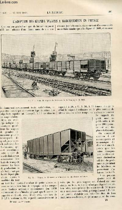 La nature n 1670 - L'adoption des grands Wagons de marchandises en France par D. Bellet - La Transmission de L'heure par l'lctricit par M de N - Les Mammifres Fouisseurs par H. Coupin - L'industrie chimique au japon par L.F - La Gense des courants