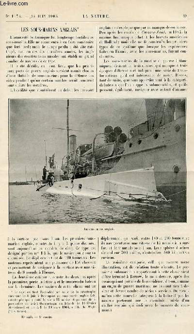 La nature n 1674 - Les sous-marins Anglais - Balistique des fusils de guerre modernes par J. Odier - Le Moulinet Dynamomtrique par Espitallier - Les jardins d'essais coloniaux en afrique - Emploi des pavs d'asphalte comprim pour la confections