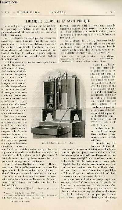 La nature n 1692 - L'oxyde de carbone et le sant publique par Albert Lvy - Essai de liqufaction de l'hlium par Ch Ed Guillaume - Les Dpots flottants de combustible pour la marine Anglaise par Will Darville - Les Puits artsiens de la basse seine