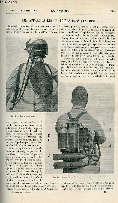 La nature n 1714 - Les appareils respiratoires dans les mines par G. Loucheux - Les Lapiaz des Sarradets et des aiguillons (hautes pyrnes) par L. Briet - L'action du chauffage sur la digestibilit du lait par D.b - sur L'acide Azotique Absolu