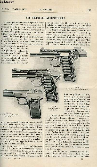 La nature n 1715 - Les Pistolets automatiques par L.g - Comment on conserve les fresques de pompi par E.A Martel - L'hroinomanie - par Dr A.Cartaz - Le Muse Ocanographique de monaco par J. Richard - - Sur Quelques eaux Minrales Eclairage des Wagons