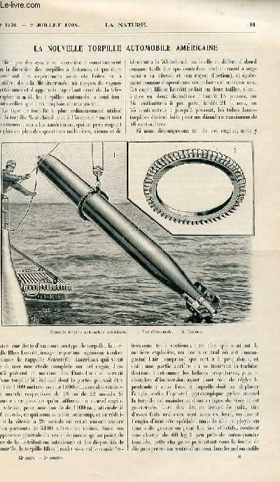 La nature n 1728 - La Nouvelle Torpille automobile amricaine par D. Lebois - Le Recherche du nivomtre par Dr P - L'pidmie de suette militaire des charentes - Le nouveau Mtropolitain de Londres par V. Forbin - Une Nouvelle tape de la navigation