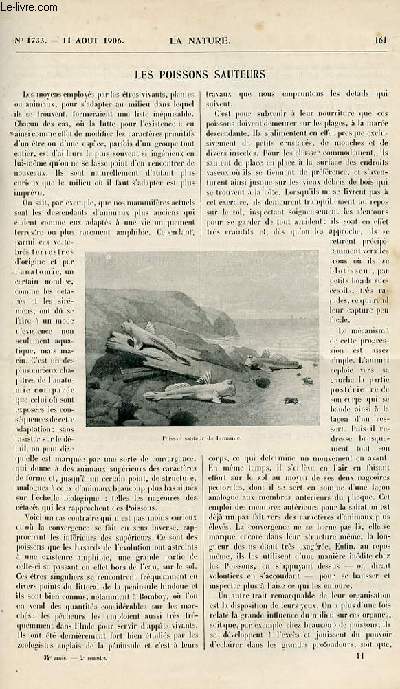 La nature n 1733 - Les Poissons sauteurs par A.D - Comment on ecrivait les lettres il y a cinq mille ans - Mineurs Prhistoriques par A. Rutot - Aroplane Vuia par L. Fournier - Le Mtropolitain la lingne 2 circulaire - partie sud par E. Loyselles