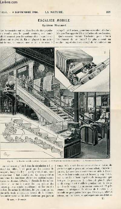 La nature n 1737 - L'escalier mobile par L. F- La Mission Lemaire du Congo au nil - par G.R - Fabrication industriel du Chloroforme - Le Dbordement du torrent du Charmaix par J. Revil - Les Chaudires Grille a Tuyre Solignac par J Laffargue