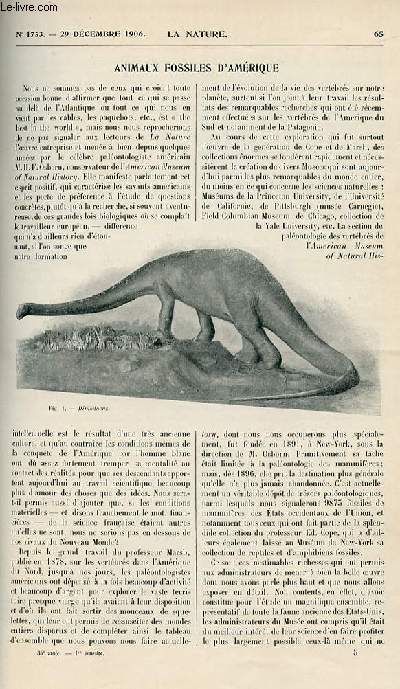 La nature n 1753 - Animaux Fossiles d'amrique - La thrapeutique ionique - La Mise a l'eau des navires gants par P de M - Les tlgraphes dans l'afrique occidentale franaise - Le mtropolitain souterrain a marchandises de chicago - Exploration