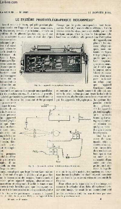 La nature n 1807 - Le systme phototlgraphique Berjonneau par Fournier, L'heure  la Tour Eiffel par Doncires, Un appareil lectrique de mise en marche par Bellet, Les pyramides de Vallauria (Hautes-Alpes) par Martel, Bernardin de St Pierre au Museum