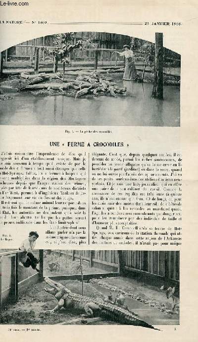 La nature n 1809 - Une ferme  crocodiles par Forbin, L'oxygnite par Chalmars, Docks de relevage pour sous-marins par Bernay, La jonction commerciale du Congo et du Chari par Regelsperger, Les poids lourds dans l'arme par Doncires, Une arroseuse