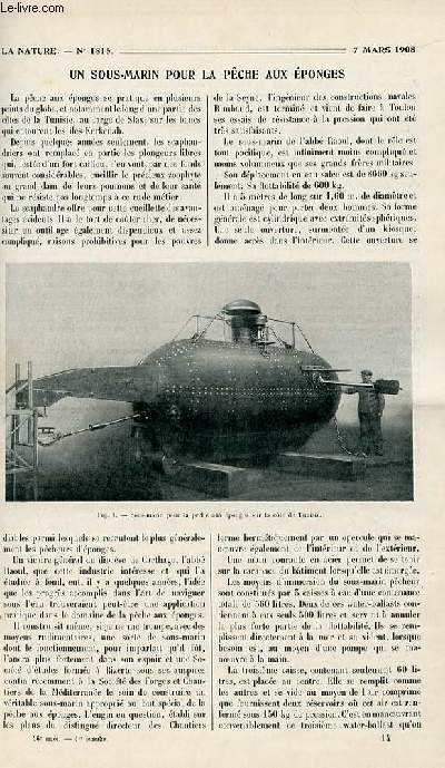 La nature n 1815 - Un sous-marin pour la pche aux ponges par Gradenwitz, Barrires automatiques pour passage  niveau, La mvente, la conservation et la coloration des oeufs par Gilchrist, Le linolum par Lemaire, L'origine du ptrole, Les tracteurs
