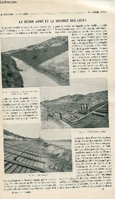 La nature n 1822 - Le bton arm et la dfense des ctes par Bougeois, Le vieillissement htif des vins par Loucheux, Une disposition nouvelle des cales de navires par Bellet, La fortresse du Chaberton par Sterval, L'clairage des trains par l'actylne