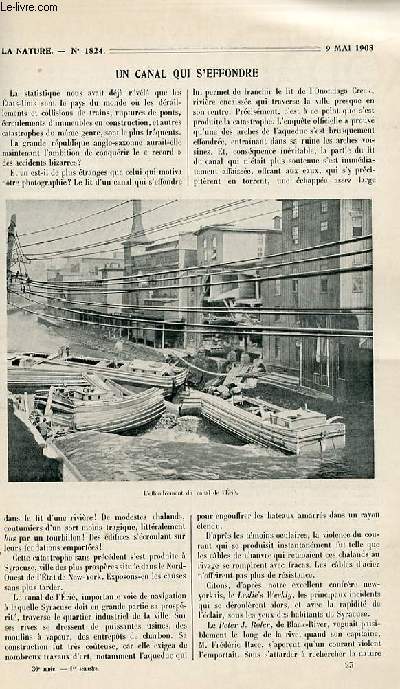 La nature n 1824 - Un canal qui s'effondre (Eri) par Forbin, Constructions mtalliques  lments ttradriques, Le chauffage lectrique, La photographie  travers l'eau par Rudaux, La porte automatique Ssame par Bellet, Les carillons par Larmanjat