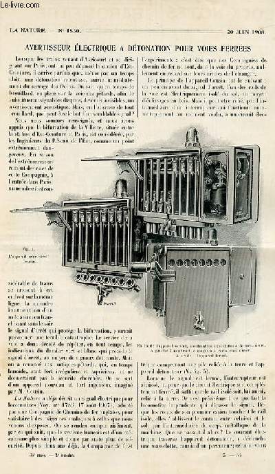 La nature n 1830 - Avertisseur lectrique  dtonation pour voies ferres par Villers, Photomtre  lecture directe par Fry, La dfense des plantes par les piquants par Acloque, Le gouffre de Proumeyssac (Dordogne) par Martel, Les momies d'animaux