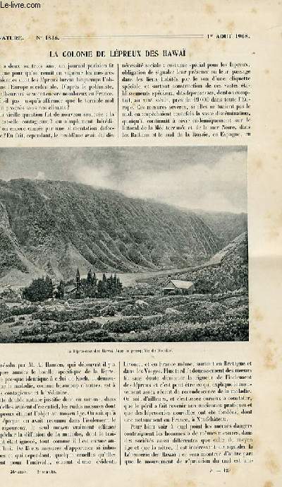 La nature n 1836 - La colonie de lpreux des Hawa par Forbin, Les moteurs  gaz pauvres par Taris, Nattes de Chine, du Japon et du Tonkin par Bellet, Les toffes artificielles par Chaplet, Les puits-aux-toiles des Alpes Maritimes par Mader, Batellerie