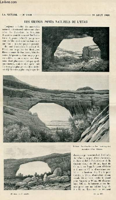 La nature n 1840 - Les grands ponts naturels de l'Utah par Steryal, Restauration et nettoyage des statues par Lemaire, Service postal maritime entre New York et Paris par Depouilly, Le flying-fish de Henri Farman par Fournier, Le phare en bton arm