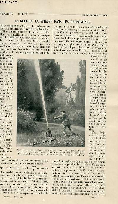 La nature n 1855 - Le rle de la vitesse dans les phnomnes par Le Bon, Les instruments de musique dans les pays du Chari-Tchad par Regelsperger, Le salon de l'automobile par Taris, Les ligures par Blot, Une turbine  vapeur de 12000 chevaux