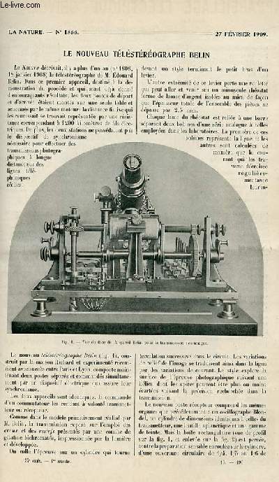 La nature n 1866 - Le Nouveau tlstrographe belin - La Scurit dans la navigation par la tlgraphie sans fil - Mitrailleuse automatique - Les Radiations - Le Voyage d'une cigogne - Aviation - un stabilisateur automatique pour aroplanes - Gravures