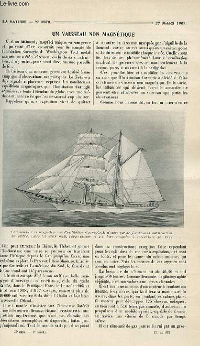 La nature n 1870 - Un vaisseau non magntique- un baromtre lctrique - emploi des mitrailleuses automatiques - L'observatoire chronomtrique de besanon - Le Voyage autour du monde de la flotte Amricaine - Les Broderies mcaniques