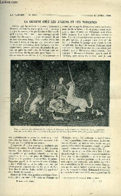 La nature n 1873 - La Licorne ches les anciens et les modernes - Les Cables lctriques et les incendies - Le nouveau bassin houiller lorrain - L'interet astronomique des expeditions polaires - La Palais des mirages au muse grvin - Le Choix des eaux