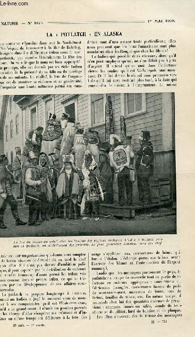 La nature n 1875 - La Potlatch en alaska - Les Navires impossibles - Les orages et leurs observation -La Photographie dans l'eau - Epuration et Strilisation des eaux d'alimentation publique - Les Microsismes