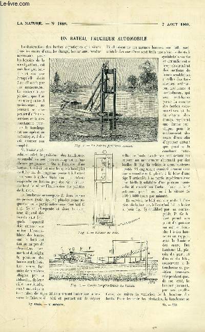 La nature n 1889 - Un Bateau Faucheur Automobile - Un nouvel Isolant Artificiel la Bakelite - Le Sport du Planement - Les Irrigations en Egyptes par R. Bonnin - La Fusion des mtaux par l'huile lourde - Premiere carte du relief sous-marin