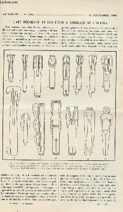 La nature n 1894 - L'art dcoratif et les tuis a aiguilles de l'Alaska - Les Mthodes modernes en chimie - La Marine Militaire du Japon - - Les Mare de l'corce et l'lasticit du globe terrestre - Le Gyroptre Davidson - La Grande semaine d'aviation