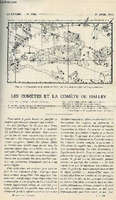 La nature n 1926 - Les comtes et la comte de Halley, L'importance historique de la comte de Halley par Jean Mascart, Les comtes, leurs orbites, leur nature par Lucien Rudaux, La grande comte 1910